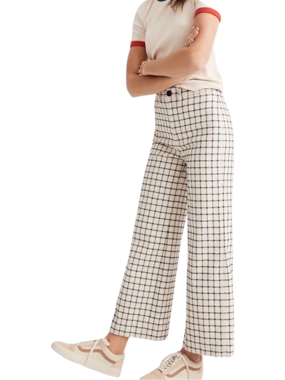 Madewell Wide Leg Emmett Windowpane Check Cropped Pants - 31T - Cream, Black